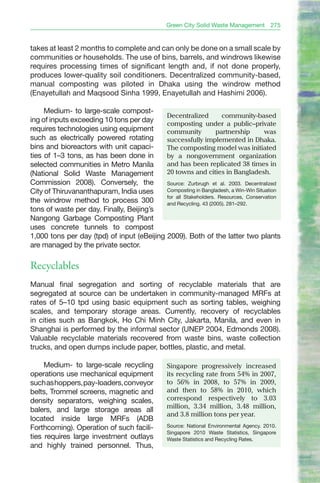 Green City Solid Waste Management        275


takes at least 2 months to complete and can only be done on a small scale by
communities or households. The use of bins, barrels, and windrows likewise
requires processing times of significant length and, if not done properly,
produces lower-quality soil conditioners. Decentralized community-based,
manual composting was piloted in Dhaka using the windrow method
(Enayetullah and Maqsood Sinha 1999, Enayetullah and Hashimi 2006).

     Medium- to large-scale compost-
                                            Decentralized          community-based
ing of inputs exceeding 10 tons per day     composting under a public–private
requires technologies using equipment       community            partnership        was
such as electrically powered rotating       successfully implemented in Dhaka.
bins and bioreactors with unit capaci-      The composting model was initiated
ties of 1–3 tons, as has been done in       by a nongovernment organization
selected communities in Metro Manila        and has been replicated 38 times in
(National Solid Waste Management            20 towns and cities in bangladesh.
Commission 2008). Conversely, the           Source: Zurbrugh et al. 2003. Decentralized
City of Thiruvananthapuram, India uses      Composting in Bangladesh, a Win-Win Situation
                                            for all Stakeholders. Resources, Conservation
the windrow method to process 300           and Recycling. 43 (2005). 281–292.
tons of waste per day. Finally, Beijing’s
Nangong Garbage Composting Plant
uses concrete tunnels to compost
1,000 tons per day (tpd) of input (eBeijing 2009). Both of the latter two plants
are managed by the private sector.

Recyclables
Manual final segregation and sorting of recyclable materials that are
segregated at source can be undertaken in community-managed MRFs at
rates of 5–10 tpd using basic equipment such as sorting tables, weighing
scales, and temporary storage areas. Currently, recovery of recyclables
in cities such as Bangkok, Ho Chi Minh City, Jakarta, Manila, and even in
Shanghai is performed by the informal sector (UNEP 2004, Edmonds 2008).
Valuable recyclable materials recovered from waste bins, waste collection
trucks, and open dumps include paper, bottles, plastic, and metal.

     Medium- to large-scale recycling           Singapore progressively increased
operations use mechanical equipment             its recycling rate from 54% in 2007,
such as hoppers, pay-loaders, conveyor          to 56% in 2008, to 57% in 2009,
belts, Trommel screens, magnetic and            and then to 58% in 2010, which
density separators, weighing scales,            correspond respectively to 3.03
                                                million, 3.34 million, 3.48 million,
balers, and large storage areas all
                                                and 3.8 million tons per year.
located inside large MRFs (ADB
Forthcoming). Operation of such facili-         Source: National Environmental Agency. 2010.
                                                Singapore 2010 Waste Statistics, Singapore
ties requires large investment outlays          Waste Statistics and Recycling Rates.
and highly trained personnel. Thus,
 