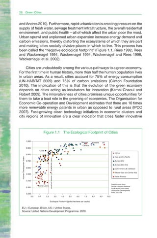 26                          Green Cities


and Andres 2010). Furthermore, rapid urbanization is creating pressure on the
supply of fresh water, sewage treatment infrastructure, the overall residential
environment, and public health—all of which affect the urban poor the most.
Urban sprawl and unplanned urban expansion increase energy demand and
carbon emissions, thereby distorting the ecosystems of which they are part
and making cities socially divisive places in which to live. This process has
been called the “negative ecological footprint” (Figure 1.1, Rees 1992, Rees
and Wackernagel 1994, Wackernagel 1994, Wackernagel and Rees 1996,
Wackernagel et al. 2002).

     Cities are undoubtedly among the various pathways to a green economy.
For the first time in human history, more than half the human population lives
in urban areas. As a result, cities account for 75% of energy consumption
(UN-HABITAT 2009) and 75% of carbon emissions (Clinton Foundation
2010). The implication of this is that the evolution of the green economy
depends on cities acting as incubators for innovation (Kamal-Chaoui and
Robert 2009). The innovativeness of cities promises unique opportunities for
them to take a lead role in the greening of economies. The Organisation for
Economic Co-operation and Development estimates that there are 10 times
more renewable energy patents in urban as opposed to rural areas (IPCC
2007). Fast-growing clean technology initiatives in economic clusters and
city regions of innovation are a clear indicator that cities foster innovative



                                             Figure 1.1                                                       The Ecological Footprint of Cities
                                               Human Welfare and Ecological Footprints compared
                            1,000
                                                                                                                              Norway    Australia     US
                                                                                                                               Canada
                            0.900
                                        Cuba
                                                                                                                                                                       Africa
                            0.800
                                                                                                                                                                       Asia and the Pacific
  Human Development Index




                                                      Earth’s biocapacity = 2.1 hectares per person




                            0.700                                                                                                                                      Europe (EU)

                                                                                                                                                                       Europe (Non-EU)
                            0.600                                                                                                                                      Latin America & Caribbean

                                                                                                                                                                       Middel East and Central Asia
                            0.500
                                                                                                                                                                       North America

                            0.400
                                                                                                                                                                  Data sourced from:
                                       Sierra Leone                                                                                                               Global Footprint Network
                            0.300
                                                                                                                                                                  2008 report (2005 data)
                                                                                                                                                                  UN Human Development
                                                                                                                                                                  Index 2007/08
                            0.200
                                 0.0   0.1      2.0                                                   3.0   4.0   5.0   6.0     7.0     8.0         9.0    10.0

                                                      Ecological Footprint (global hectares per capita)


 EU = European Union, US = United States.
 Source: United Nations Development Programme. 2010.
 