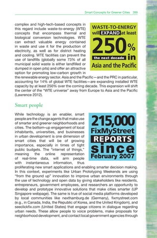 Smart Concepts for Greener Cities   399



complex and high-tech-based concepts in
this regard include waste-to-energy (WTE)
concepts that encompass thermal and
biological conversion technologies. WTE
can extract valuable energy contained
in waste and use it for the production of
electricity, as well as for district heating
and cooling. WTE facilities can prevent the
use of landfills (globally some 73% of all
municipal solid waste is either landfilled or
dumped in open pits) and offer an attractive
option for promoting low-carbon growth in
the renewable energy sector. Asia and the Pacific—and the PRC in particular,
accounting for 14% of global WTE facilities—are expanding installed WTE
capacity by at least 250% over the coming decade. This expansion will shift
the center of the “WTE universe” away from Europe to Asia and the Pacific
(Lawrence 2012).

Smart people
While technology is an enabler, smart
people are the change agents that make use
of smarter and greener neighborhoods and
cities. The bottom–up engagement of local
                                               215,000
inhabitants, universities, and businesses      FixMyStreet
in urban development is one dimension of
smart cities that will be of growing             REPORTS
importance, especially in times of tight
public budgets. The “internet of things,”
meaning      the    online    representation
of real-time data, will arm people
                                               since
                                               February 2007
with instantaneous information, thus
proliferating new smart applications and enabling smarter decision making.
In this context, experiments like Urban Prototyping Weekends are using
“from the ground up” innovation to improve urban environments through
the use of technology and open data by giving stakeholders like residents,
entrepreneurs, government employees, and researchers an opportunity to
develop and prototype innovative solutions that make cities smarter (UP
Singapore webpage). The same is true of social media platforms developed
by local communities like nexthamburg.de (Germany), fixmystreet.com
(e.g., in Canada, India, the Republic of Korea, and the United Kingdom), and
seeclickfix.com (United States) that engage citizens in dialogue regarding
urban needs. These allow people to voice problems, make proposals for
neighborhood development, and contact local government agencies through
 