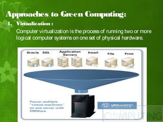 Approaches to Green Computing:
1. Virtualization :
   Computer virtualization is the process of running two or more
   logical computer systems on one set of physical hardware.  
 