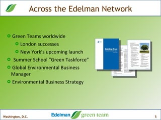 Across the Edelman Network Green Teams worldwide London successes New York’s upcoming launch Summer School “Green Taskforce” Global Environmental Business Manager Environmental Business Strategy 