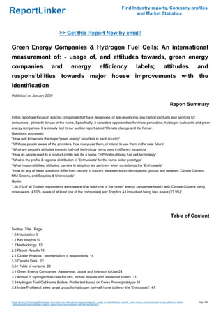 Green Energy Companies & Hydrogen Fuel Cells: An international measurement of: - usage of, and attitudes towards, green energy companies and energy efficiency labels; attitudes and responsibilities towards major house improvements with the identification