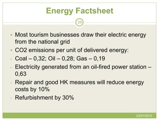 Energy Factsheet
                             25


 Most tourism businesses draw their electric energy
    from the national grid
   CO2 emissions per unit of delivered energy:
-   Coal – 0,32; Oil – 0,28; Gas – 0,19
-   Electricity generated from an oil-fired power station –
    0,63
-   Repair and good HK measures will reduce energy
    costs by 10%
-   Refurbishment by 30%

                                                    23/01/2010
 