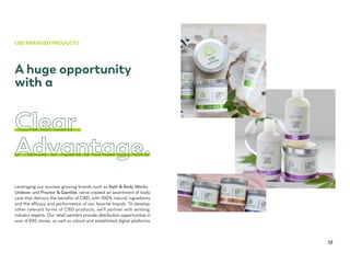 CBD BRANDED PRODUCTS:
A huge opportunity
with a
Leveraging our success growing brands such as Bath & Body Works,
Unilever and Proctor & Gamble, we’ve created an assortment of body
care that delivers the benefits of CBD, with 100% natural ingredients
and the efficacy and performance of our favorite brands. To develop
other relevant forms of CBD products, we’ll partner with existing
industry experts. Our retail partners provide distribution opportunities in
over 4,000 stores, as well as robust and established digital platforms.
17
 