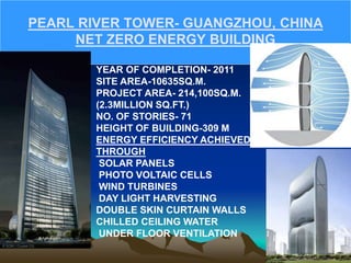 PEARL RIVER TOWER- GUANGZHOU, CHINA
NET ZERO ENERGY BUILDING
YEAR OF COMPLETION- 2011
SITE AREA-10635SQ.M.
PROJECT AREA- 214,100SQ.M.
(2.3MILLION SQ.FT.)
NO. OF STORIES- 71
HEIGHT OF BUILDING-309 M
ENERGY EFFICIENCY ACHIEVED
THROUGH
SOLAR PANELS
PHOTO VOLTAIC CELLS
WIND TURBINES
DAY LIGHT HARVESTING
DOUBLE SKIN CURTAIN WALLS
CHILLED CEILING WATER
UNDER FLOOR VENTILATION
 