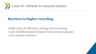 17
Lever #1: Markets for recycled plastics
Barriers to higher recycling
•High costs of collection, sorting and processing
•Lack of differentiated demand from primary plastics
•Low market resilience
 