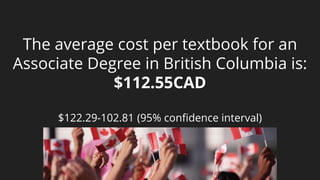 The average cost per textbook for an
Associate Degree in British Columbia is:
$112.55CAD
$122.29-102.81 (95% confidence interval)
 