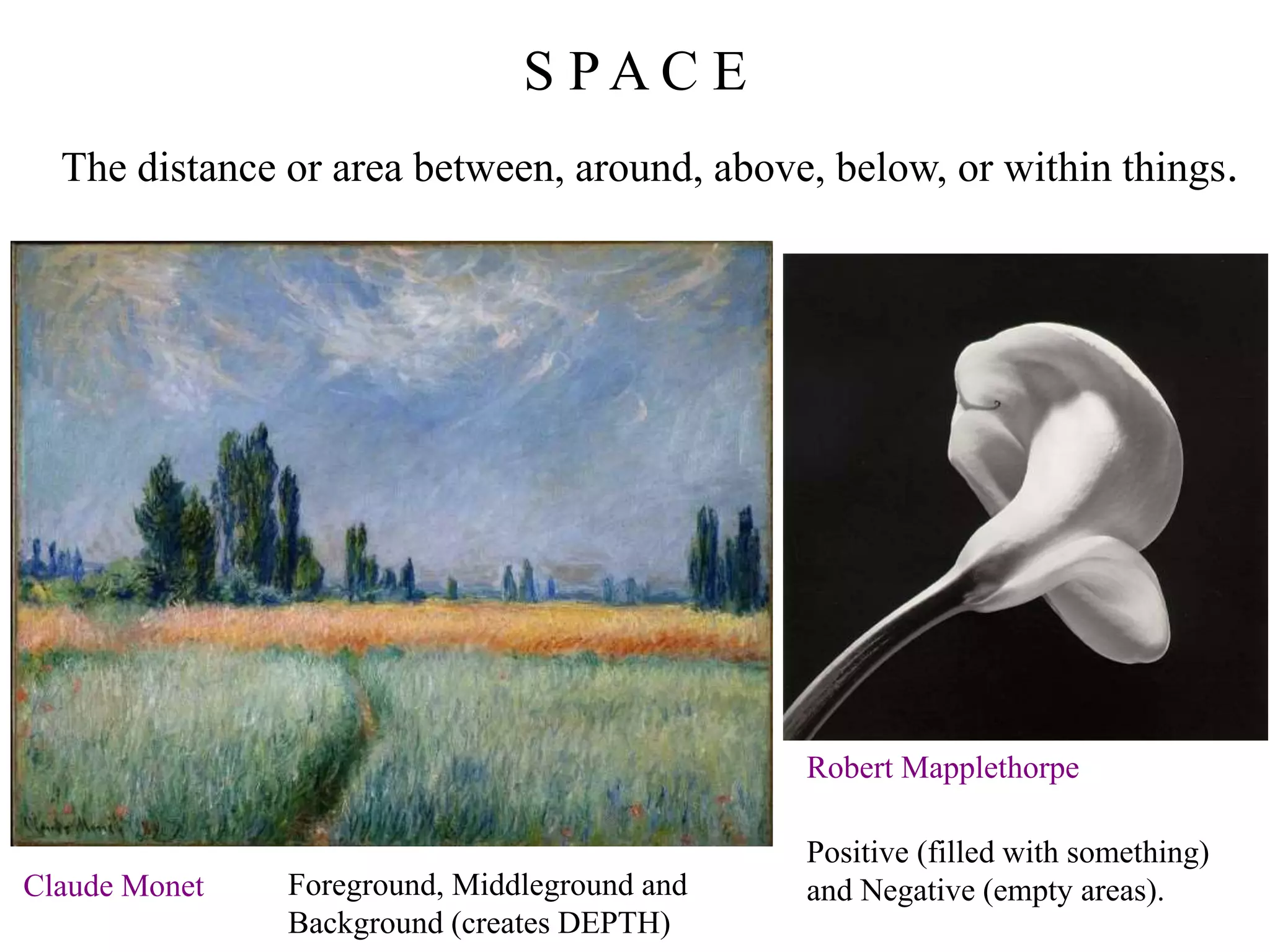 Robert Mapplethorpe
Claude Monet
S P A C E
The distance or area between, around, above, below, or within things.
Positive (filled with something)
and Negative (empty areas).Foreground, Middleground and
Background (creates DEPTH)
 