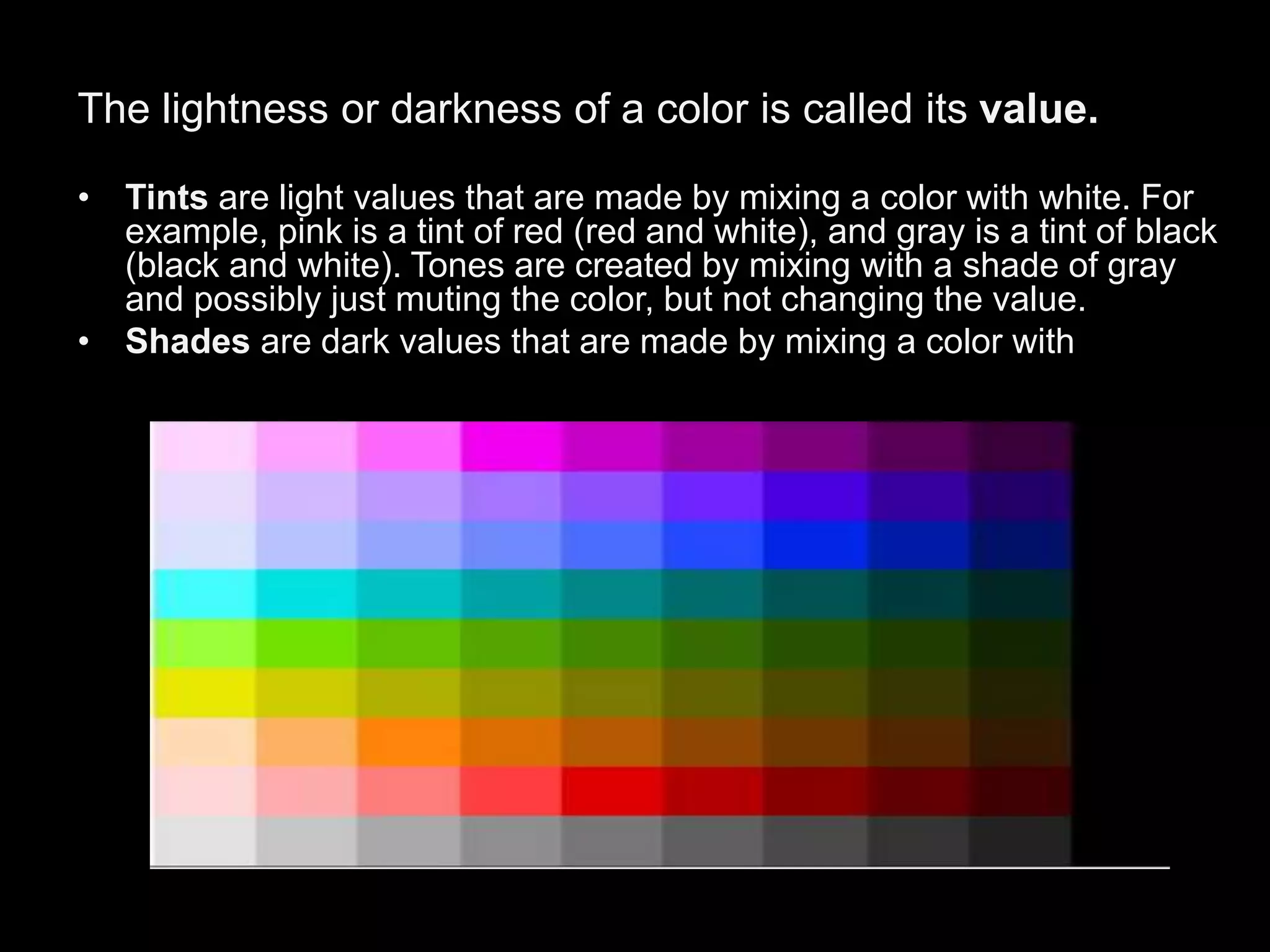 The lightness or darkness of a color is called its value.
• Tints are light values that are made by mixing a color with white. For
example, pink is a tint of red (red and white), and gray is a tint of black
(black and white). Tones are created by mixing with a shade of gray
and possibly just muting the color, but not changing the value.
• Shades are dark values that are made by mixing a color with black.
Maroon is a shade of red, and navy is a shade of blue.
 
