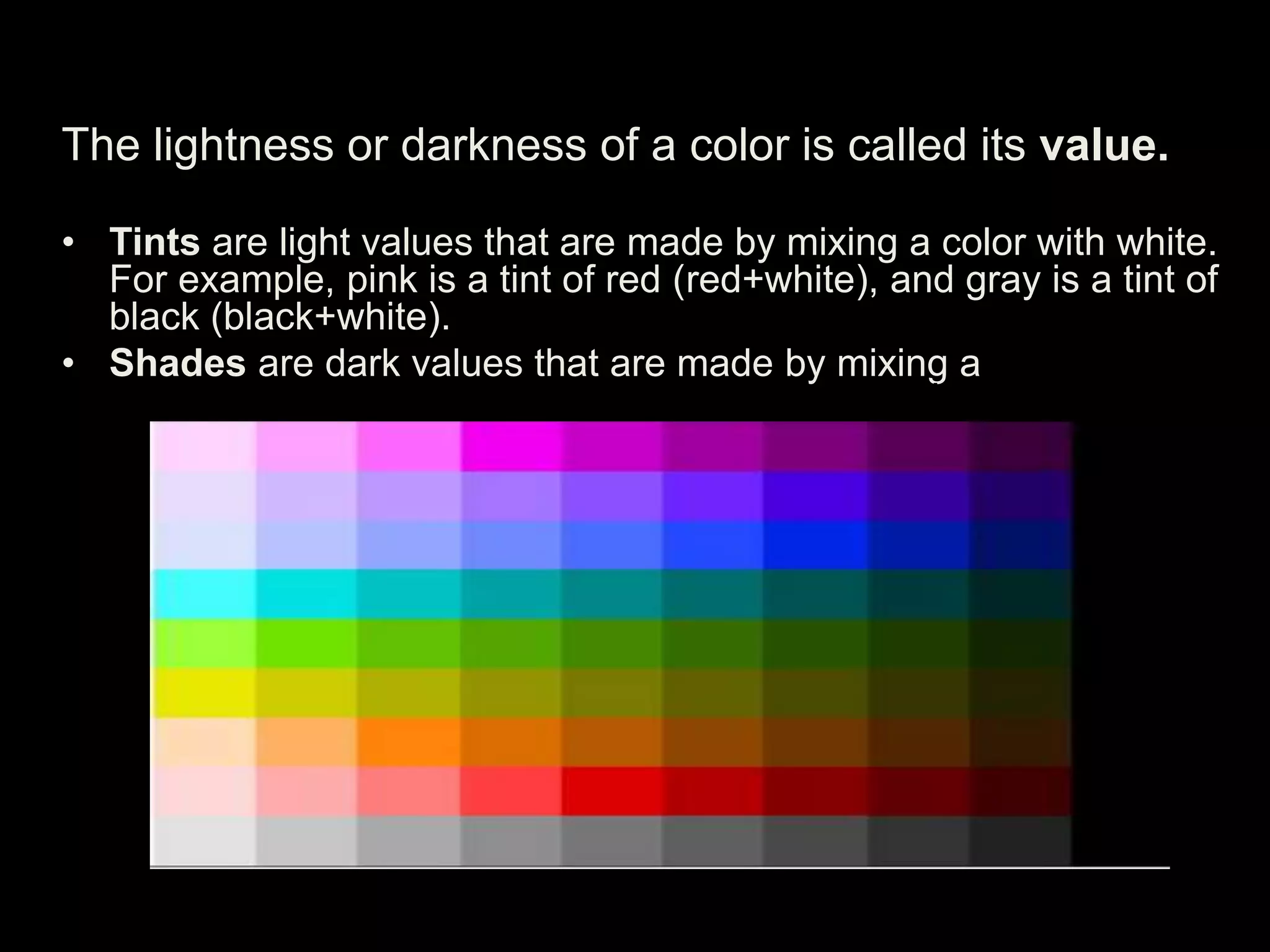 The lightness or darkness of a color is called its value.
• Tints are light values that are made by mixing a color with white.
For example, pink is a tint of red (red+white), and gray is a tint of
black (black+white).
• Shades are dark values that are made by mixing a color with
black. Maroon is a shade of red, and navy is a shade of blue.
 