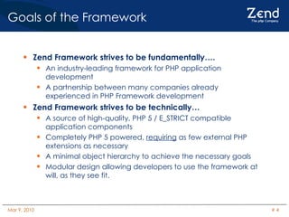 Goals of the Framework Zend Framework strives to be fundamentally…. An industry-leading framework for PHP application development A partnership between many companies already experienced in PHP Framework development Zend Framework strives to be technically… A source of high-quality, PHP 5 / E_STRICT compatible application components Completely PHP 5 powered,  requiring  as few external PHP extensions as necessary A minimal object hierarchy to achieve the necessary goals Modular design allowing developers to use the framework at will, as they see fit. 