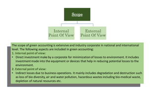 The scope of green accounting is extensive and industry corporate in national and international
level. The following aspects are included in green accounting:​
1. Internal point of view:
• Direct investment make by a corporate for minimizationof losses to environment. It includes
investment made into the equipment or devices that help in reducing potential losses to the
environment.​
2. External point of view:
• Indirect losses due to business operations. It mainly includes degradation and destruction such
as loss of bio diversity, air and water pollution, hazardous wastes including bio-medical waste,
depletion of natural resources etc.
Scope
Internal
Point Of View
External
Point Of View
 