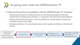 • Following the previous consultations with the GREEN Action TF members:
– Assessing key drivers for biodiversity loss and identifying examples of financing
mechanisms for biodiversity protection, in cooperation with ZOÏ Environment Network
– Starting with Central Asia region, with the possibility to include Eastern Europe and
Caucasus region in the scope
– Possibly publication of a consolidated report and/or regional workshop on biodiversity
finance
On-going work under the GREEN Action TF
Central Asia
Eastern Europe &
Caucasus
Publication of a
consolidated report
Discussions at
2023 AM,
brainstorming and
Bureau meeting
Potentially a regional
workshop on
biodiversity finance
3
 