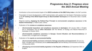  Contribution to the environmental chapter of the OECD evaluation of the SME Policy Index in the EaP countries
 Presentation of recent developments on BAT implementation with updates from the Eastern Partnership countries
at the 8th meeting of the OECD Expert Group on Best Available Techniques (9-10 November 2023 in Seville,
Spain)
 Regional meeting «Applying the Polluter-Pays Principle to environmental compliance assurance in the
Eastern Partnership» (11 March 2024, online)
 Publication of the reviews on compliance assurance:
 «Environmental inspections and compliance assurance in Azerbaijan» (24 January 2024, in English
and in Azerbaijani) and its online discussion with the Ministry of Ecology and Natural Resources of
Azerbaijan (5 October 2023)
 «Environmental compliance assurance in Georgia: Current Situation and Recommendations» (9
October 2023, in English and in Georgian)
 Publication of the reports on environmental liability:
 «Environmental liability provisions in Armenia: Damage prevention and assessment» (25 January
2024, in English and in Armenian) and its online discussion with the Ministry of Environment of Armenia
(16 November 2023)
 «Developing environmental liability legislation in the Republic of Moldova» (22 September 2023, in
English)
Programme Area 2: Progress since
the 2023 Annual Meeting
 