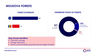 MOLDOVA FORESTS
OWNERSHIP STATUS OF FORESTS
85%
Public
(Moldsilva)
14%
Communal
(Municipalities)
1%
Private
11%
40%
FOREST COVERAGE
Main threats identified:
 Climate change
 Energy demand
 Some unsustainable practices (even-aged forests)
 