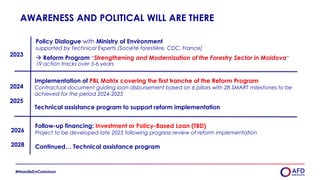 AWARENESS AND POLITICAL WILL ARE THERE
2023
Policy Dialogue with Ministry of Environment
supported by Technical Experts (Société forestière, CDC, France)
19 action tracks over 5-6 years
 Reform Program “Strengthening and Modernization of the Forestry Sector in Moldova”
2024
2025
Implementation of PBL Matrix covering the first tranche of the Reform Program
Contractual document guiding loan disbursement based on 6 pillars with 28 SMART milestones to be
achieved for the period 2024-2025
Technical assistance program to support reform implementation
2026
2028
Follow-up financing: Investment or Policy-Based Loan (TBD)
Project to be developed late 2025 following progress review of reform implementation
Continued… Technical assistance program
 