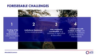FORESEEABLE CHALLENGES
Funding of the
Ministry of
Environment to
initiate the reform
process
Institutional Resistance
to the reform process
Inter-ministerial
coordination (e.g.
ministries of Agriculture
& Education)
2
1 4
3
Coordination with
multiple partners with
interest in the forestry
sector (national &
international)
 