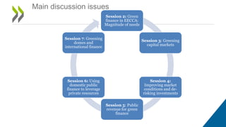 Session 2: Green
finance in EECCA:
Magnitude of needs
Session 3: Greening
capital markets
Session 4:
Improving market
conditions and de-
risking investments
Session 5: Public
revenue for green
finance
Session 6: Using
domestic public
finance to leverage
private resources
Session 7: Greening
domes and
international finance
Main discussion issues
 