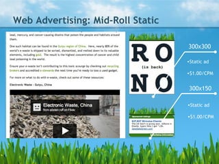 Web Advertising: Mid-Roll Static 300x300 300x150 <ul><li>Static ad </li></ul><ul><li>$1.00/CPM </li></ul><ul><li>Static ad...