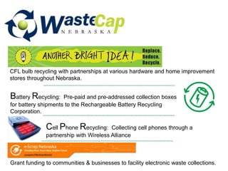 CFL bulb recycling with partnerships at various hardware and home improvement
stores throughout Nebraska.
Grant funding to communities & businesses to facility electronic waste collections.
Battery Recycling: Pre-paid and pre-addressed collection boxes
for battery shipments to the Rechargeable Battery Recycling
Corporation.
Cell Phone Recycling: Collecting cell phones through a
partnership with Wireless Alliance
 