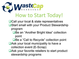 How to Start Today!
Call your local & state representatives
Start small with your Product Stewardship
program
Be an “Another Bright Idea” collection
point
Be a “Call to Recycle” collection point
Ask your local municipality to have a
collection event (E-Scrap)
Ask your favorite retailers to start product
stewardship programs
 