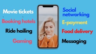 Booking hotels
Movie tickets
Social
networking
Food delivery
Gaming
Ride hailing
E-payment
Messaging