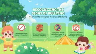 Avoidance of certain
situations, such as
refusing to go to school
Changes in mood,
behavior, sleep, or
appetite
Withdrawal from
social interaction
Unexplained injury
or loss of property
It's crucial to recognize the signs of bullying:
RECOGNIZING THE
SIGNS OF BULLYING
RECOGNIZING THE
SIGNS OF BULLYING
 