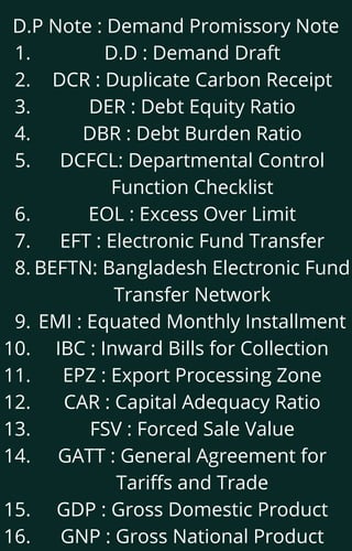 D.D : Demand Draft
DCR : Duplicate Carbon Receipt
DER : Debt Equity Ratio
DBR : Debt Burden Ratio
DCFCL: Departmental Control
Function Checklist
EOL : Excess Over Limit
EFT : Electronic Fund Transfer
BEFTN: Bangladesh Electronic Fund
Transfer Network
EMI : Equated Monthly Installment
IBC : Inward Bills for Collection
EPZ : Export Processing Zone
CAR : Capital Adequacy Ratio
FSV : Forced Sale Value
GATT : General Agreement for
Tariffs and Trade
GDP : Gross Domestic Product
GNP : Gross National Product
D.P Note : Demand Promissory Note
1.
2.
3.
4.
5.
6.
7.
8.
9.
10.
11.
12.
13.
14.
15.
16.
 