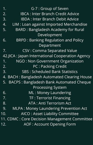 G-7 : Group of Seven
IBCA : Inter Branch Credit Advice
IBDA : Inter Branch Debit Advice
LIM : Loan against Imported Merchandise
BARD : Bangladesh Academy for Rural
Development
BRPD : Banking Regulation and Policy
Department
CSV : Comma Separated Value
NGO : Non Government Organization
PC : Packing Credit
SBS : Scheduled Bank Statistics
BACH : Bangladesh Automated Clearing House
BACPS : Bangladesh Bank Automated Cheque
Processing System
ML : Money Laundering
TF : Terrorist Financing
ATA : Anti Terrorism Act
MLPA : Money Laundering Prevention Act
AICO : Asset Liability Committee
CDMC : Core Decision Management Committee
AOF : Account Opening Form
1.
2.
3.
4.
5.
6.
7.
42.JICA : Japan International Cooperation Agency
1.
2.
3.
4.
5.
6.
7.
8.
9.
10.
11.
12.
 