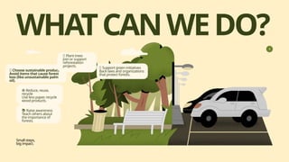 WHATCANWEDO?
🛒 Choose sustainable products
Avoid items that cause forest
loss (like unsustainable palm
oil).
💡 Support green initiatives
Back laws and organizations
that protect forests.
♻ Reduce, reuse,
recycle
Use less paper, recycle
wood products.
📚 Raise awareness
Teach others about
the importance of
forests.
🌱 Plant trees
Join or support
reforestation
projects.
Small steps,
big impact.
 