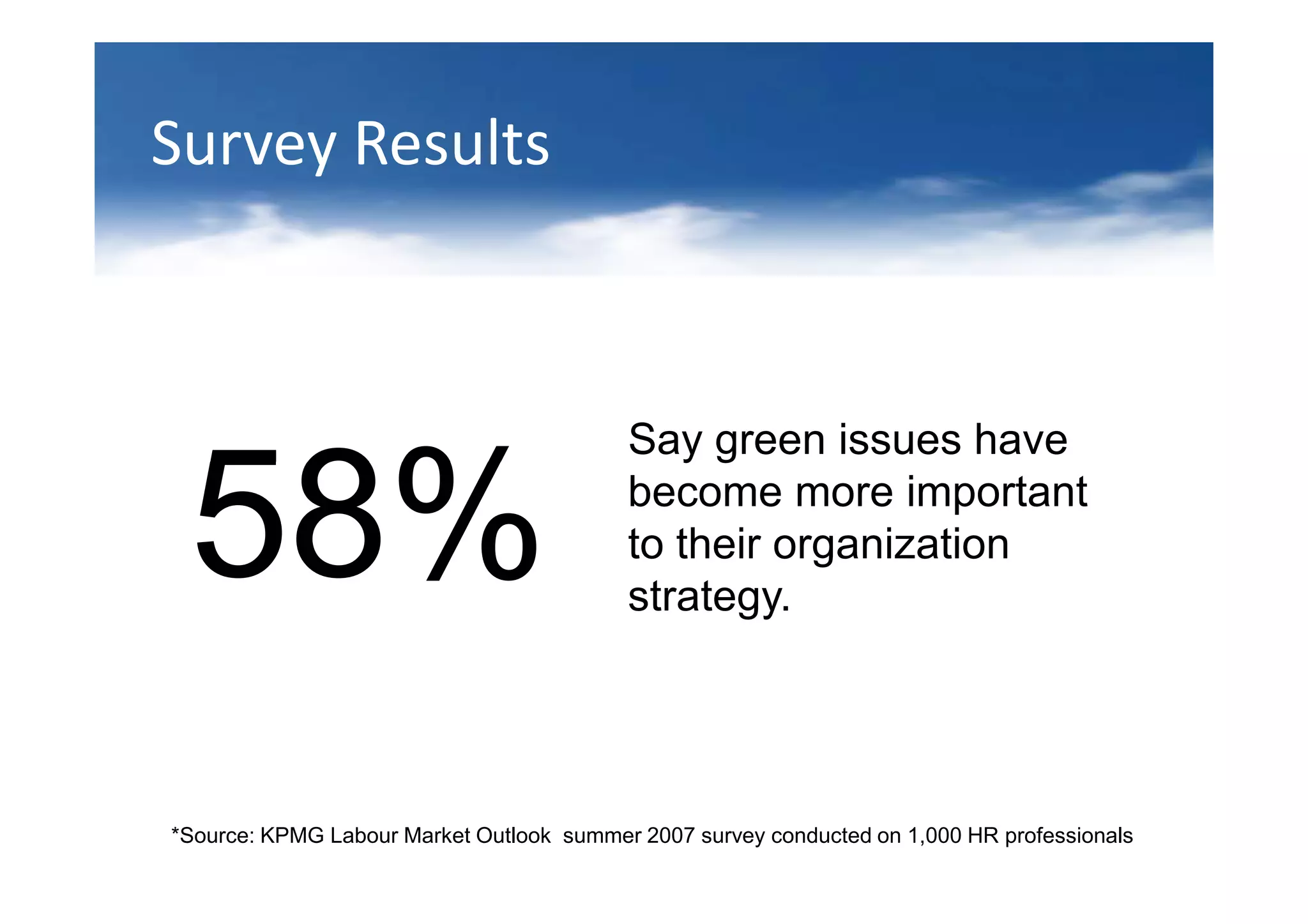 Survey Results



                                          Say green issues have

 58%                                      become more important
                                          to their organization
                                          strategy.




*Source: KPMG Labour Market Outlook summer 2007 survey conducted on 1,000 HR professionals
 