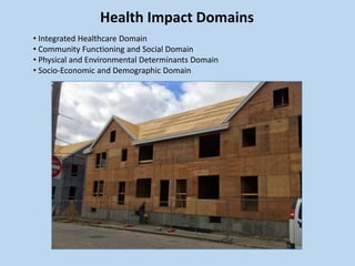 Health Impact Domains
• Integrated Healthcare Domain
• Community Functioning and Social Domain
• Physical and Environmental Determinants Domain
• Socio-Economic and Demographic Domain
 