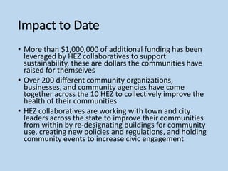 Impact to Date
• More than $1,000,000 of additional funding has been
leveraged by HEZ collaboratives to support
sustainability, these are dollars the communities have
raised for themselves
• Over 200 different community organizations,
businesses, and community agencies have come
together across the 10 HEZ to collectively improve the
health of their communities
• HEZ collaboratives are working with town and city
leaders across the state to improve their communities
from within by re-designating buildings for community
use, creating new policies and regulations, and holding
community events to increase civic engagement
 