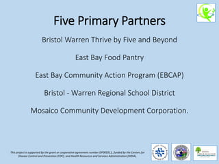 Five Primary Partners
Bristol Warren Thrive by Five and Beyond
East Bay Food Pantry
East Bay Community Action Program (EBCAP)
Bristol - Warren Regional School District
Mosaico Community Development Corporation.
This project is supported by the grant or cooperative agreement number DP005511, funded by the Centers for
Disease Control and Prevention (CDC), and Health Resources and Services Administration (HRSA).
 