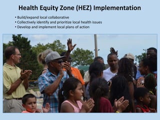 Health Equity Zone (HEZ) Implementation
• Build/expand local collaborative
• Collectively identify and prioritize local health issues
• Develop and implement local plans of action
 