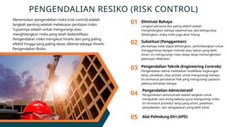 Menentukan pengendalian risiko (risk control) adalah
langkah penting setelah melakukan penilaian risiko.
Tujuannya adalah untuk mengurangi atau
menghilangkan risiko yang telah diidentifikasi.
Pengendalian risiko mengikuti hirarki dari yang paling
efektif hingga yang paling dasar, dikenal sebagai Hirarki
Pengendalian Risiko.
PENGENDALIAN RESIKO (RISK CONTROL)
Eliminasi Bahaya
Langkah pertama dan paling efektif adalah
menghilangkan bahaya sepenuhnya. Jika bahaya bisa
dihilangkan, maka risiko juga akan hilang.
01
02
03
04
05
Substitusi (Penggantian)
Jika bahaya tidak dapat dihilangkan, pertimbangkan untuk
menggantinya dengan metode atau bahan yang lebih
aman. Ini mengurangi risiko tetapi tetap memungkinkan
pekerjaan dilakukan.
Pengendalian Teknik (Engineering Controls)
Pengendalian teknik melibatkan modifikasi lingkungan
kerja, peralatan, atau proses untuk mengurangi bahaya.
Ini termasuk perubahan fisik yang mengurangi paparan
pekerja terhadap bahaya.
Pengendalian Administratif
Pengendalian administratif adalah langkah untuk
mengubah cara orang bekerja guna mengurangi risiko.
Ini termasuk prosedur kerja yang aman, pelatihan,
penjadwalan, dan pengawasan yang lebih ketat.
Alat Pelindung Diri (APD)
 