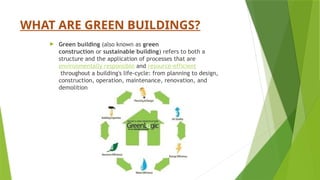WHAT ARE GREEN BUILDINGS?
 Green building (also known as green
construction or sustainable building) refers to both a
structure and the application of processes that are
environmentally responsible and resource-efficient
throughout a building's life-cycle: from planning to design,
construction, operation, maintenance, renovation, and
demolition
 