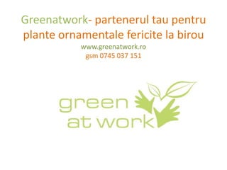 Greenatwork- partenerul tau pentru
plante ornamentale fericite la birou
           www.greenatwork.ro
            gsm 0745 037 151
 