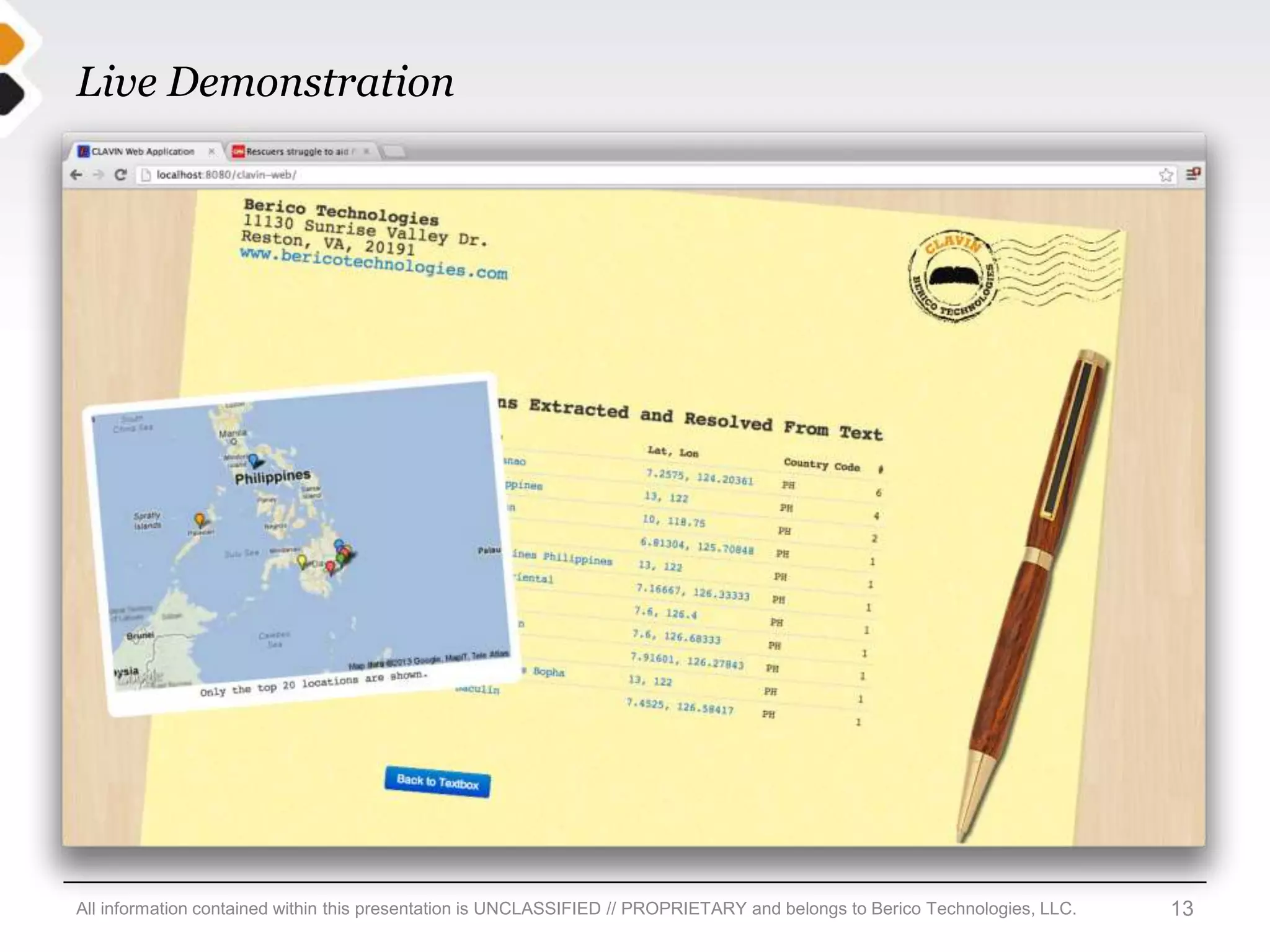 Live Demonstration




All information contained within this presentation is UNCLASSIFIED // PROPRIETARY and belongs to Berico Technologies, LLC.   13
 