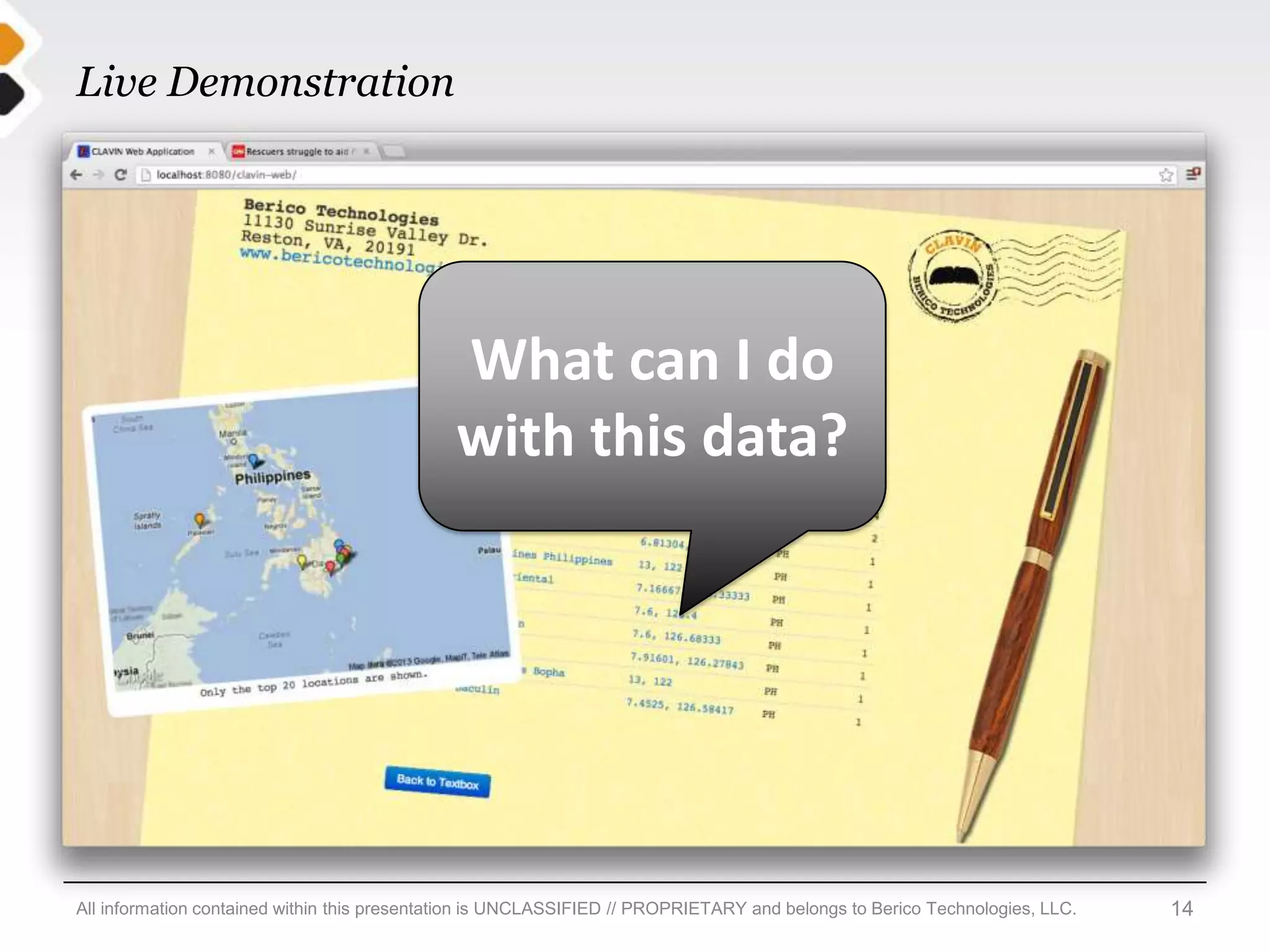 Live Demonstration




                                              What can I do
                                              with this data?




All information contained within this presentation is UNCLASSIFIED // PROPRIETARY and belongs to Berico Technologies, LLC.   14
 
