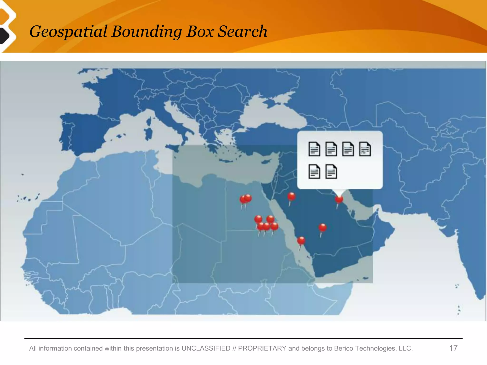 Geospatial Bounding Box Search




All information contained within this presentation is UNCLASSIFIED // PROPRIETARY and belongs to Berico Technologies, LLC.   17
 