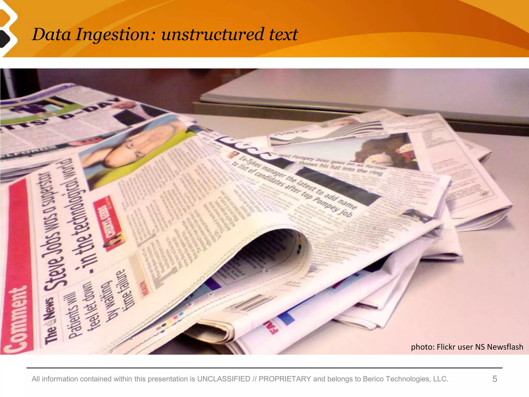 Data Ingestion: unstructured text




                                                                                                              photo: Flickr user NS Newsflash


All information contained within this presentation is UNCLASSIFIED // PROPRIETARY and belongs to Berico Technologies, LLC.          5
 