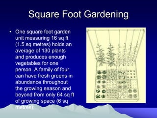 Square Foot Gardening
• One square foot garden
  unit measuring 16 sq ft
  (1.5 sq metres) holds an
  average of 130 plants
  and produces enough
  vegetables for one
  person. A family of four
  can have fresh greens in
  abundance throughout
  the growing season and
  beyond from only 64 sq ft
  of growing space (6 sq
  metres).
 