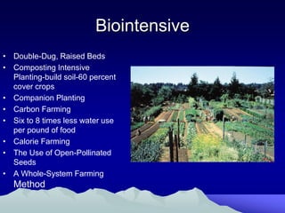 Biointensive
• Double-Dug, Raised Beds
• Composting Intensive
  Planting-build soil-60 percent
  cover crops
• Companion Planting
• Carbon Farming
• Six to 8 times less water use
  per pound of food
• Calorie Farming
• The Use of Open-Pollinated
  Seeds
• A Whole-System Farming
   Method
 