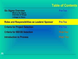 Table of Contents
     Six Sigma Overview                               Pre-Tea
             What is Six Sigma
             Overview of Scope
             Linkage to Vision

     Roles and Responsibilities as Leaders/ Sponsor   Pre-Tea
     Criteria for Project Selection                   Pre-Tea
     Criteria for BB/GB Selection                     Post-Tea
     Introduction to Process                          Post- Tea




35
 