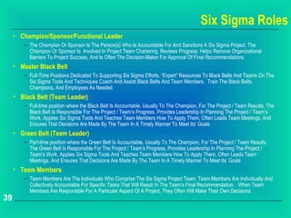 Six Sigma Roles
     • Champion/Sponsor/Functional Leader
        – The Champion Or Sponsor Is The Person(s) Who Is Accountable For And Sanctions A Six Sigma Project. The
          Champion Or Sponsor Is Involved In Project Team Chartering, Reviews Progress, Helps Remove Organizational
          Barriers To Project Success, And Is Often The Decision-Maker For Approval Of Final Recommendations
     • Master Black Belt
        – Full-Time Positions Dedicated To Supporting Six Sigma Efforts. “Expert” Resources To Black Belts And Teams On The
          Six Sigma Tools And Techniques Coach And Assist Black Belts And Team Members. Train The Black Belts,
          Champions, And Employees As Needed.
     • Black Belt (Team Leader)
        – Full-time position where the Black Belt Is Accountable, Usually To The Champion, For The Project / Team Results. The
          Black Belt Is Responsible For The Project / Team’s Progress, Provides Leadership In Planning The Project / Team’s
          Work, Applies Six Sigma Tools And Teaches Team Members How To Apply Them, Often Leads Team Meetings, And
          Ensures That Decisions Are Made By The Team In A Timely Manner To Meet Its’ Goals
     • Green Belt (Team Leader)
        – Part-time position where the Green Belt Is Accountable, Usually To The Champion, For The Project / Team Results.
          The Green Belt Is Responsible For The Project / Team’s Progress, Provides Leadership In Planning The Project /
          Team’s Work, Applies Six Sigma Tools And Teaches Team Members How To Apply Them, Often Leads Team
          Meetings, And Ensures That Decisions Are Made By The Team In A Timely Manner To Meet Its’ Goals
     • Team Members
        – Team Members Are The Individuals Who Comprise The Six Sigma Project Team. Team Members Are Individually And
          Collectively Accountable For Specific Tasks That Will Result In The Team’s Final Recommendation. When Team
          Members Are Responsible For A Particular Aspect Of A Project, They Often Will Make Their Own Decisions
39
 
