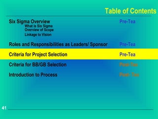 Table of Contents
     Six Sigma Overview                               Pre-Tea
             What is Six Sigma
             Overview of Scope
             Linkage to Vision

     Roles and Responsibilities as Leaders/ Sponsor   Pre-Tea
     Criteria for Project Selection                   Pre-Tea
     Criteria for BB/GB Selection                     Post-Tea
     Introduction to Process                          Post- Tea




41
 