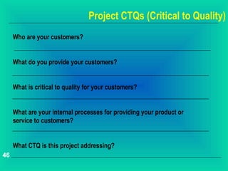 Project CTQs (Critical to Quality)
     Who are your customers?


     What do you provide your customers?


     What is critical to quality for your customers?


     What are your internal processes for providing your product or
     service to customers?


     What CTQ is this project addressing?
46
 