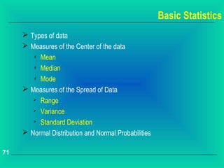 Basic Statistics
      Types of data
      Measures of the Center of the data
         Mean

         Median

         Mode


      Measures of the Spread of Data
        
          Range
        
          Variance
         Standard Deviation


      Normal Distribution and Normal Probabilities

71
 