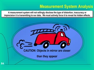 Measurement System Analysis
         A measurement system will not willingly disclose the type of distortion, inaccuracy or
          A measurement system will not willingly disclose the type of distortion, inaccuracy or
     imprecision ititis transmitting to our data. We must actively force ititto reveal its hidden effects.
      imprecision is transmitting to our data. We must actively force to reveal its hidden effects.




                           CAUTION: Objects in mirror are closer
                                          than they appear

84
 